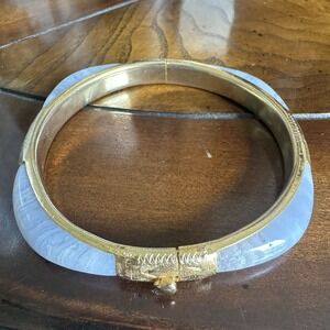 Vintage Asian Bangle Bracelet 7.25 Inch Blue Lace Agate Gold 925 Sterling 25.8g